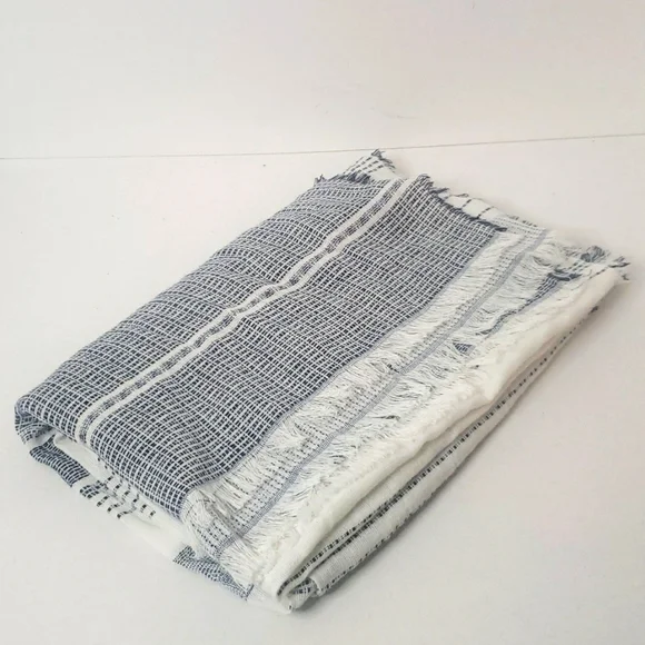 Banana Republic Textured Cotton Linen Striped Scarf White Navy Fringe Edges NWOT - Picture 4 of 15